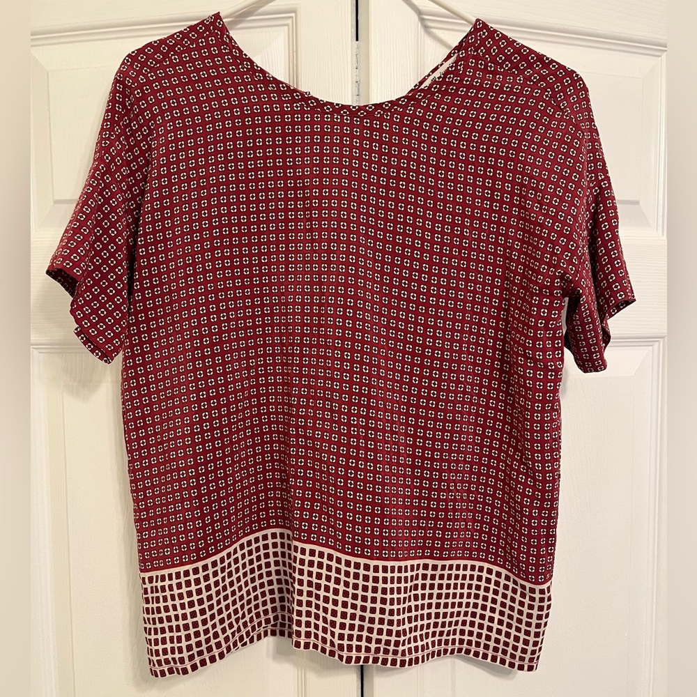 Madewell Red Geometric Short Sleeve Silk Top